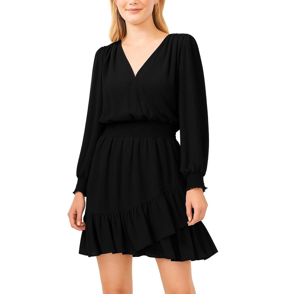 VINCE CAMUTO Women's Black Smocked Waist Long Sleeve V-Neck Wrap Dress Size 3X
